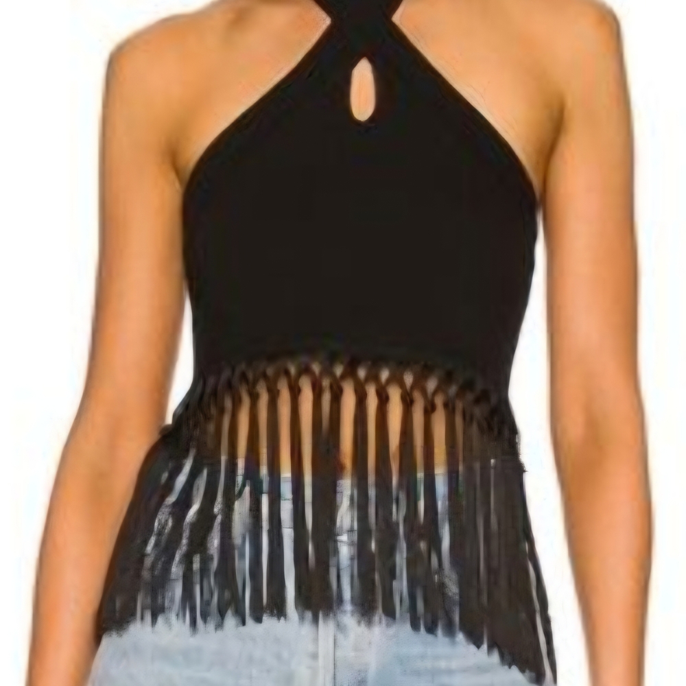 Valentina Black Halter Crop Top with Fringe
